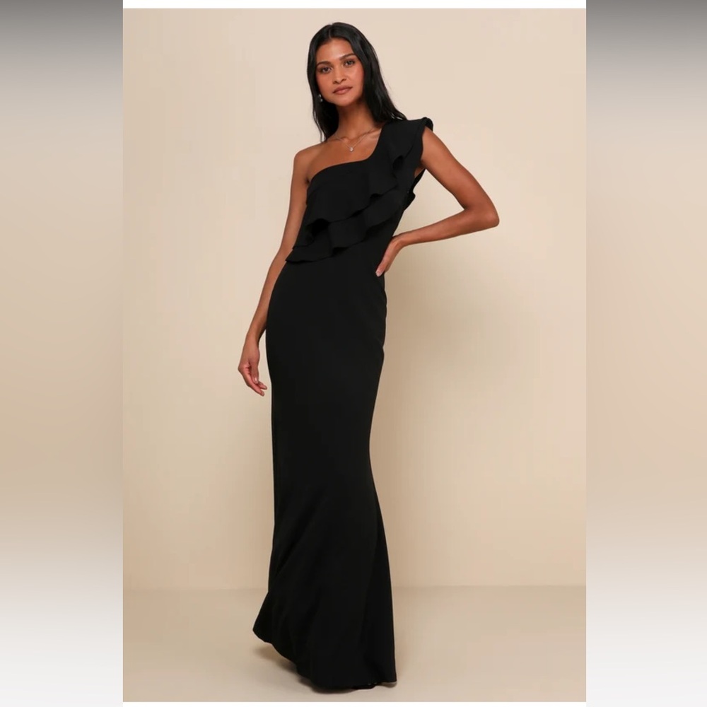 Lulus Grand Beauty Black Ruffled One-Shoulder Mermaid Maxi Dress